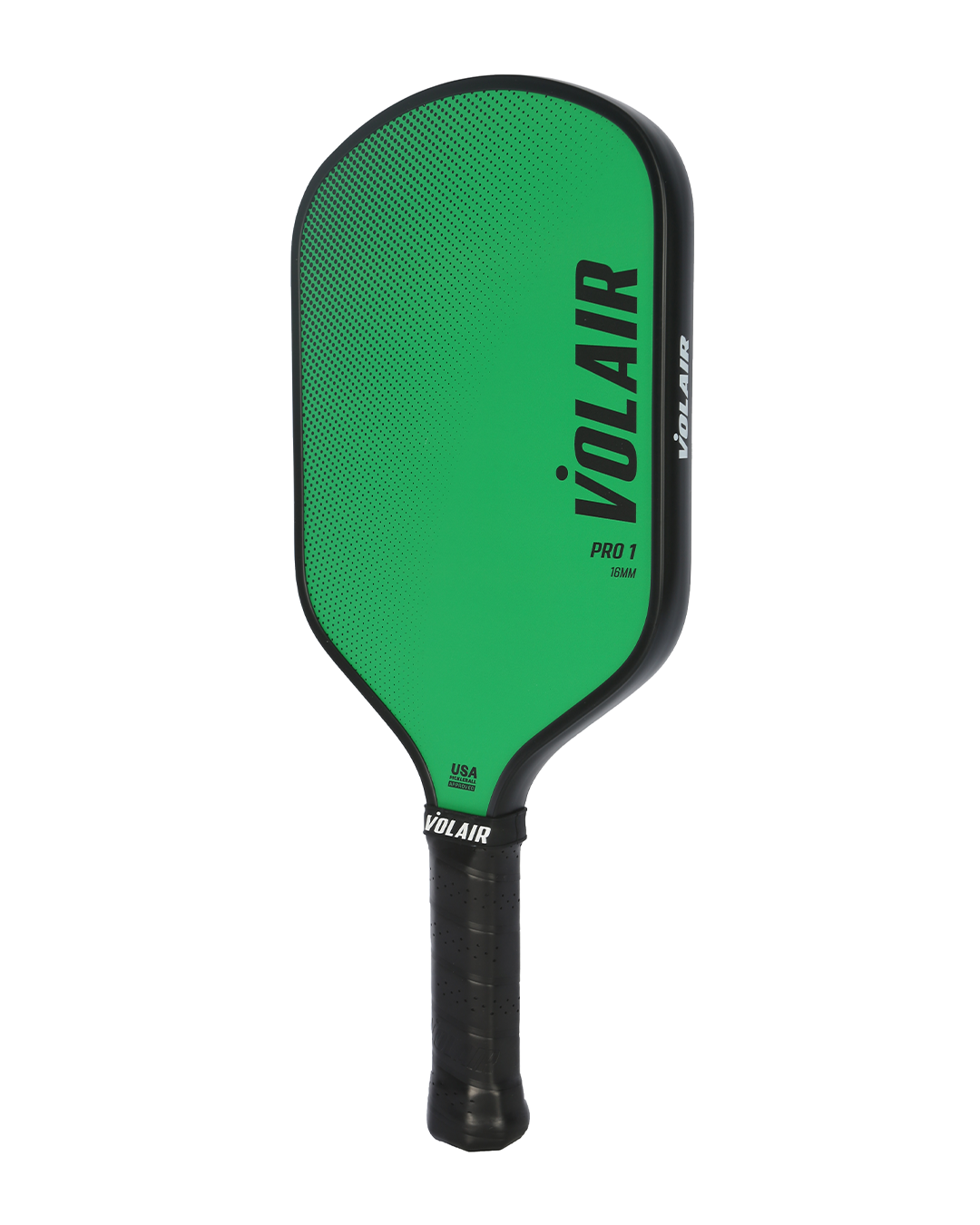 The green Volair Pickleball Pro 1 paddle features a black edge, grip-taped handle, and bold diagonal “VOLAIR” branding. Near the handle: “Pro 1,” “USAP-approved,” and VOLAIR appear in smaller text.