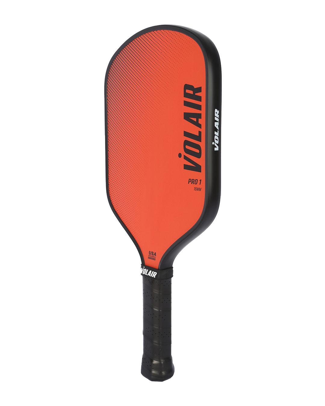 The Volair Pickleball Pro 1 Pickleball Paddle stands upright, featuring a textured red face with a black logo, visible black edges and handle, and a grip wrapped in black tape.