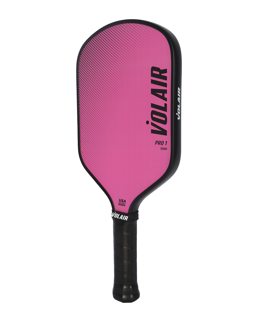 This pink Pro 1 Pickleball Paddle by Volair Pickleball features a hybrid shape, black edge guard, black grip tape on the handle, and "VOLAIR" with "PRO 1 SLKHV" printed vertically. USAP-approved.