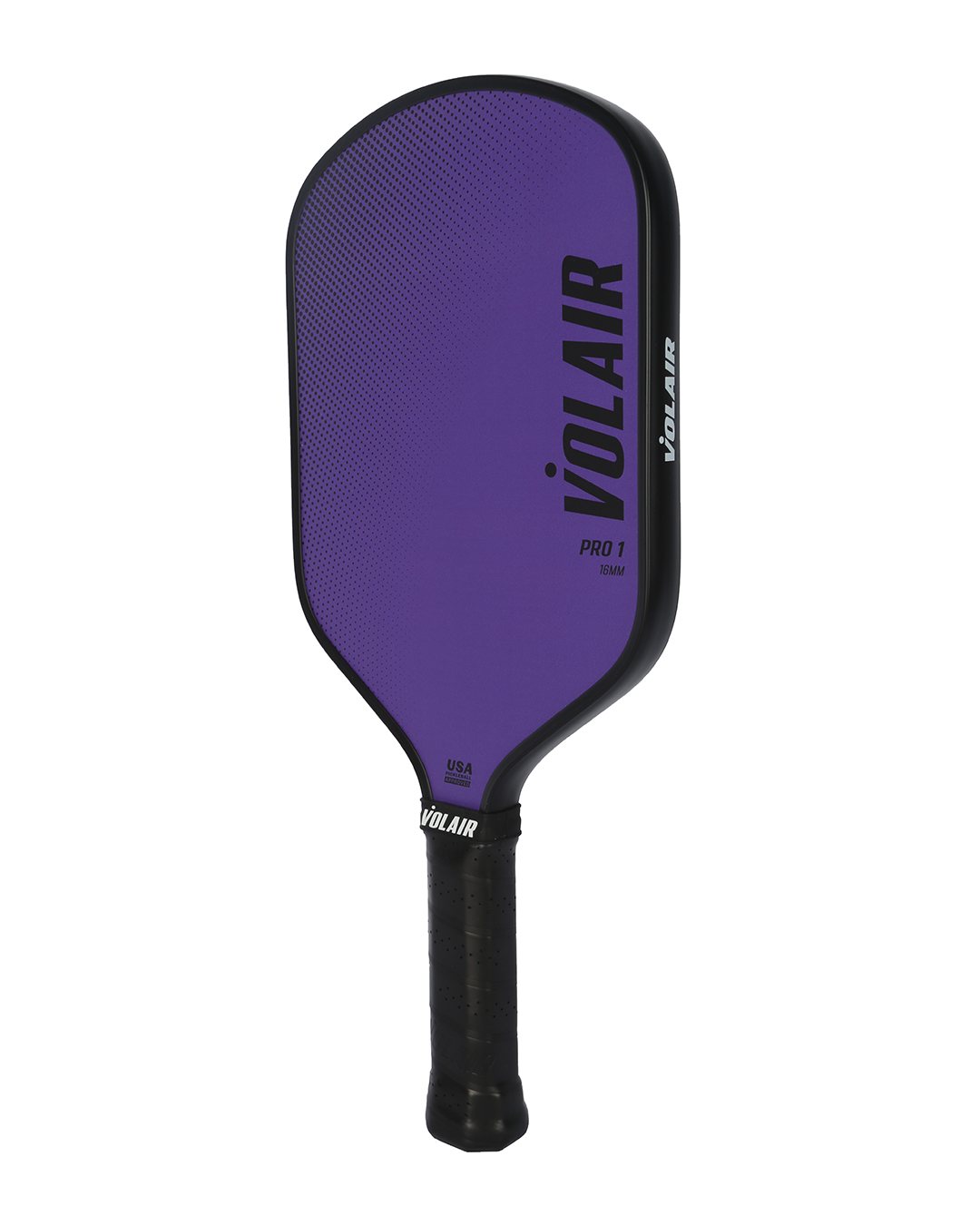 The Volair Pickleball Pro 1 Pickleball Paddle features a purple, USAP-approved hybrid shape with a black edge and grip. “VOLAIR,” “PRO 1,” and “USA” appear in bold white and black on the fiberglass paddle face.