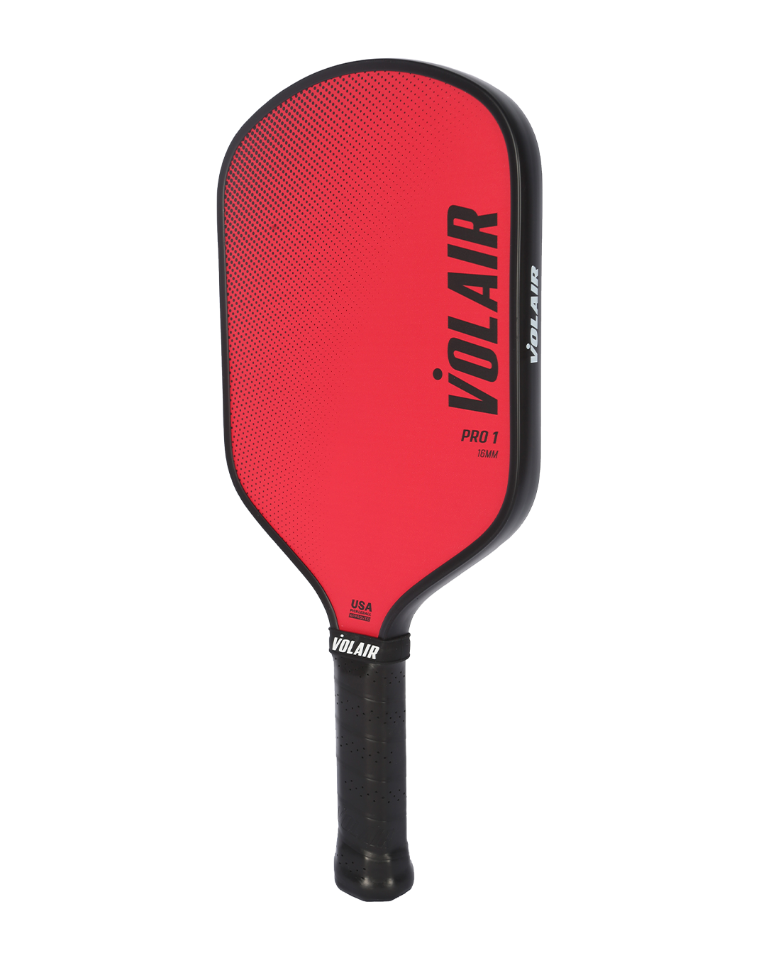 A red and black Pro 1 Pickleball Paddle from Volair Pickleball features rounded edges, “Pro 1” labeled diagonally on the red face, a black grip handle, and USAP-approved text near the handle.