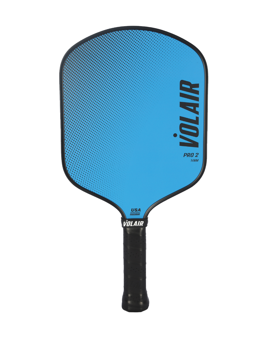 The Volair Pickleball Pro 2 Paddle features a blue widebody design, black grip, gradient dotted face, bold VOLAIR lettering, PRO 2 and USA PICKLEBALL logos by the handle. USAP-approved.