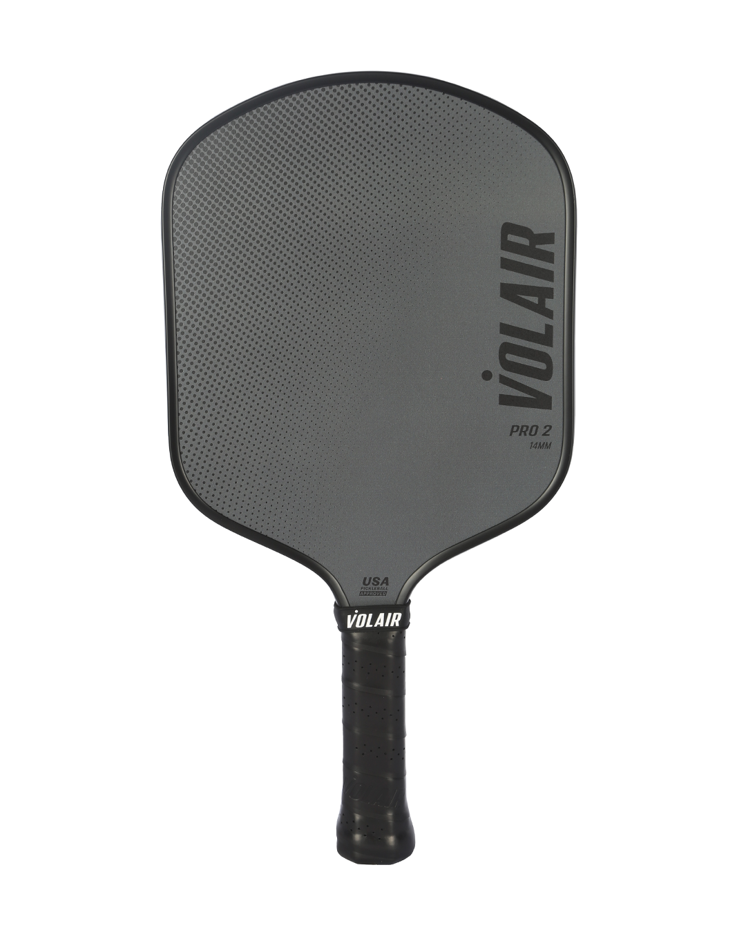 The Volair Pickleball Pro 2 Paddle features a gray widebody design with a textured surface, black grip tape handle, and “VOLAIR” printed vertically on the right and above the handle.