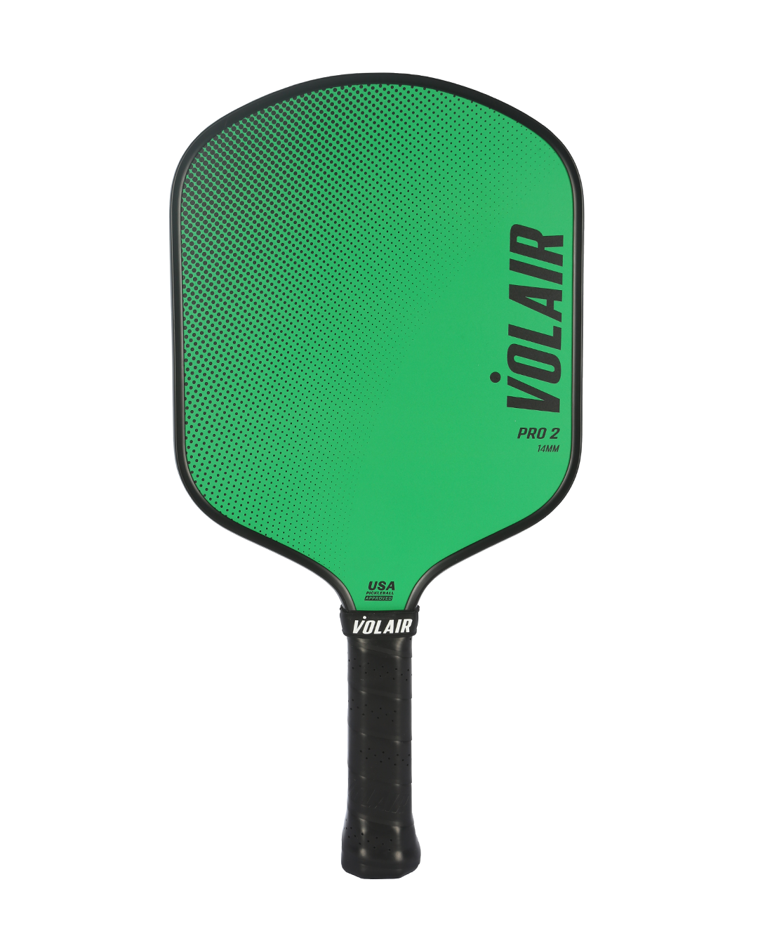 The Pro 2 Pickleball Paddle by Volair Pickleball features a green widebody face with a black border, black handle, and "VOLAIR" in large black letters diagonally across the front. USAP-approved; "PRO 2 RAW" and "VOLAIR" appear on the handle.