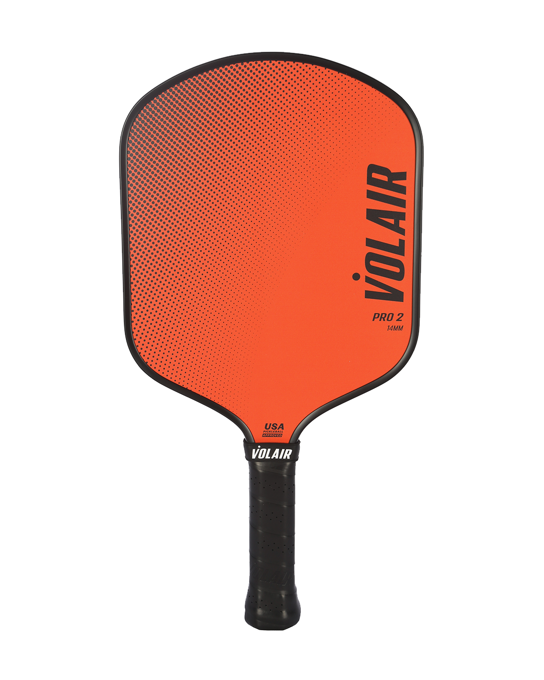 The Volair Pickleball Pro 2 Pickleball Paddle features a bright orange widebody, black grip, rounded edges, black Volair branding, dotted gradient design with black trim, and “PRO 2 RAW” on the side. USAP-approved for top performance.
