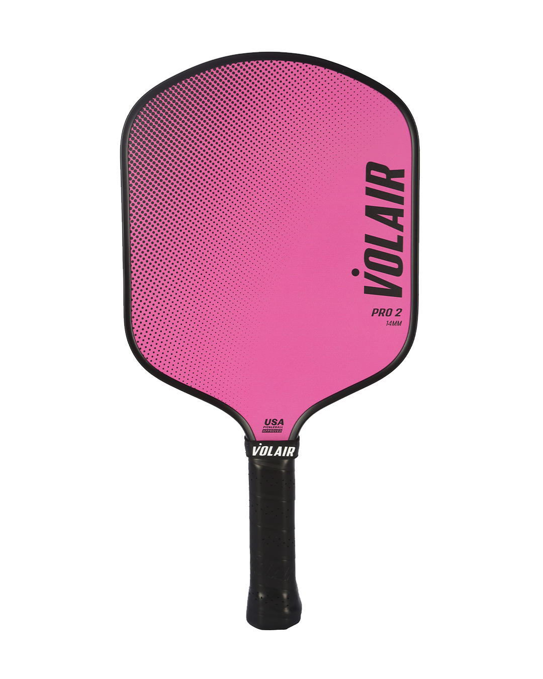 The Pro 2 Pickleball Paddle by Volair Pickleball features a pink widebody design with a black grip, gradient dot graphics, bold Volair logo on the face, plus "PRO 2" and "USA Pickleball Approved" printed underneath.