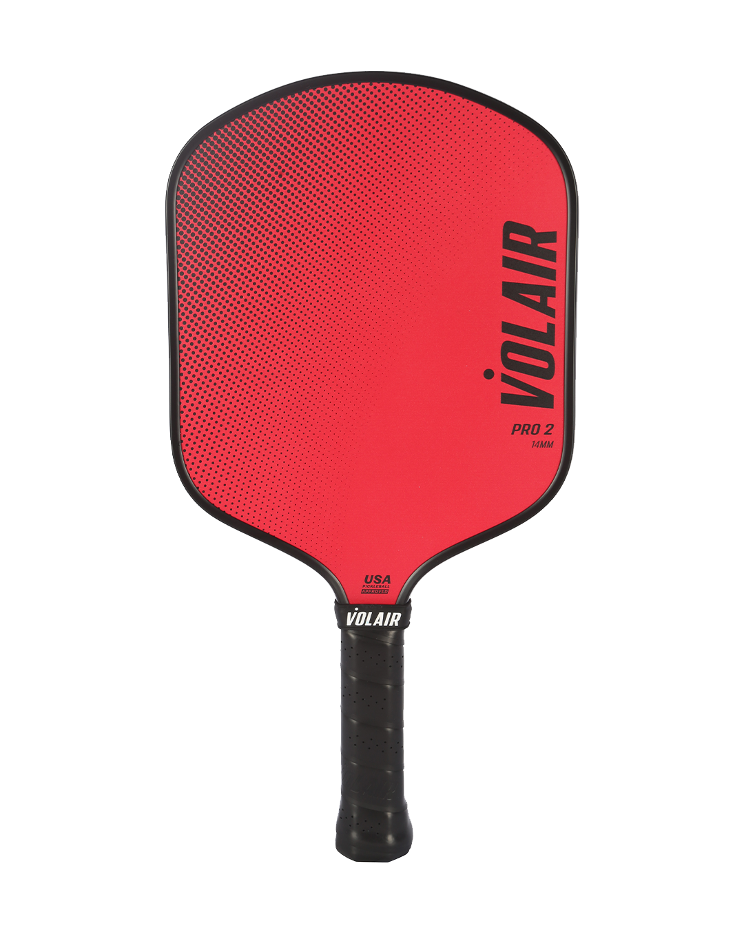 A red Volair Pickleball Pro 2 Paddle featuring a widebody, black edge and handle, and bold black branding. “VOL AIR,” “PRO 2,” and “USA PICKLEBALL APPROVED” are printed on its USAP-approved face.