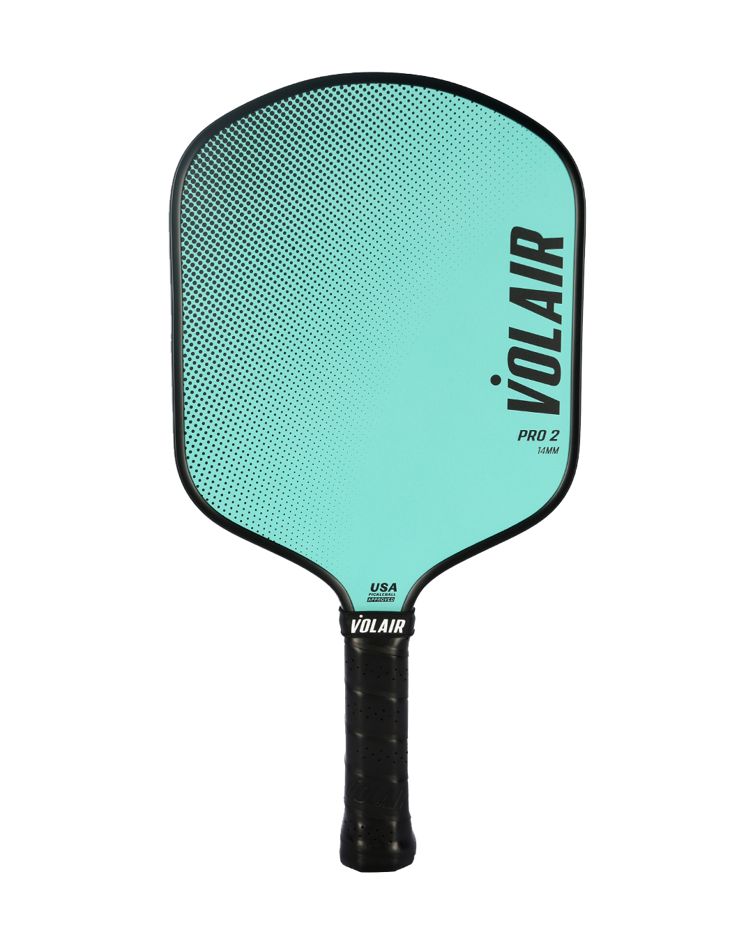 A teal Volair Pickleball Pro 2 Pickleball Paddle features a black edge guard, black handle, and subtle dot pattern at the top. “VOLAIR” appears on the right, with “Pro 2” below and "USAP-approved" indicated.