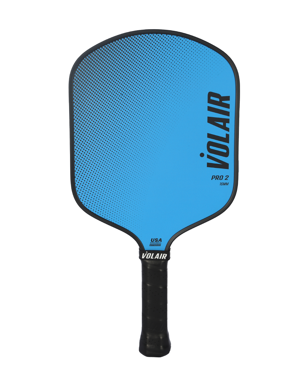 The Volair Pickleball Pro 2 Paddle features a blue fiberglass face with textured surface, black edges and handle, diagonal black Volair logo on the top right, and “USA Pickleball Approved” near the handle.