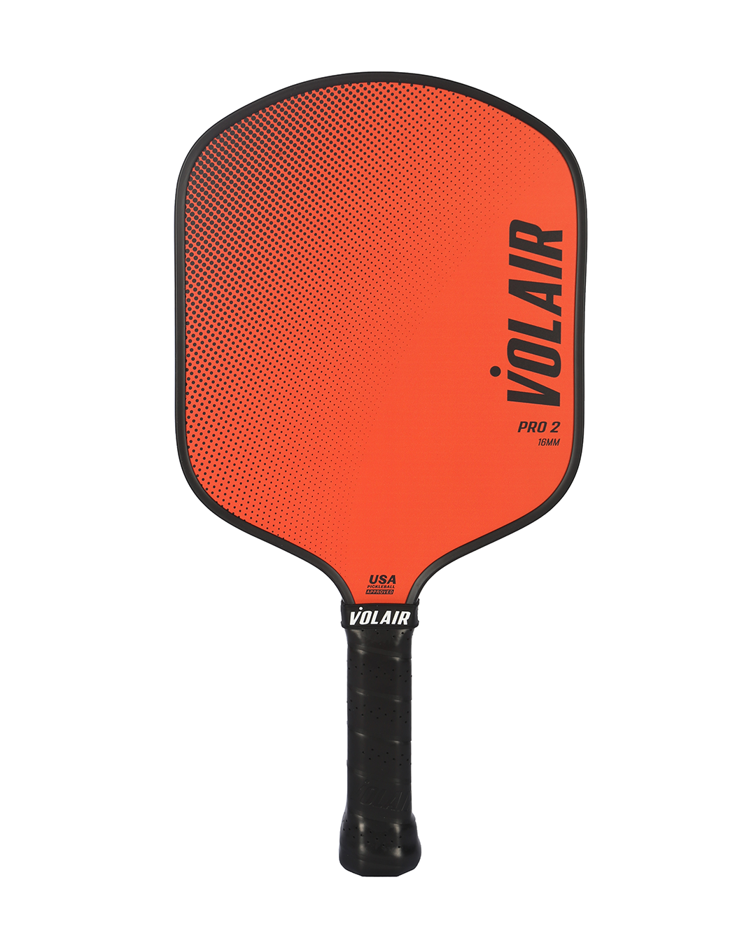 The Volair Pickleball Pro 2 Paddle features a bright orange widebody design with black edges, a dotted gradient surface, bold "PRO 2" lettering, and the USA Pickleball Approved logo on its grip-wrapped handle.
