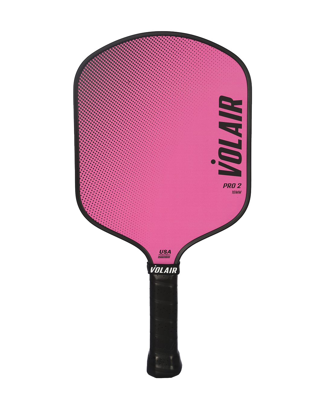 A pink Volair Pickleball Pro 2 Pickleball Paddle with a black edge, black handle, and fading dot pattern. “Volair” is printed vertically in bold black letters; “Pro 2” and “USAP-approved” appear below in smaller text.