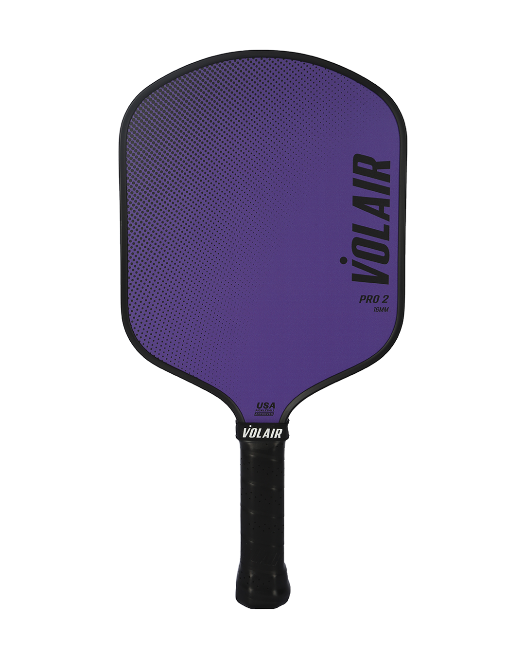 A purple Volair Pickleball Pro 2 widebody paddle with a black edge and grip, “VOLAIR” in bold black letters on the right, plus PRO 2 and USA PICKLEBALL on the USAP-approved fiberglass face.