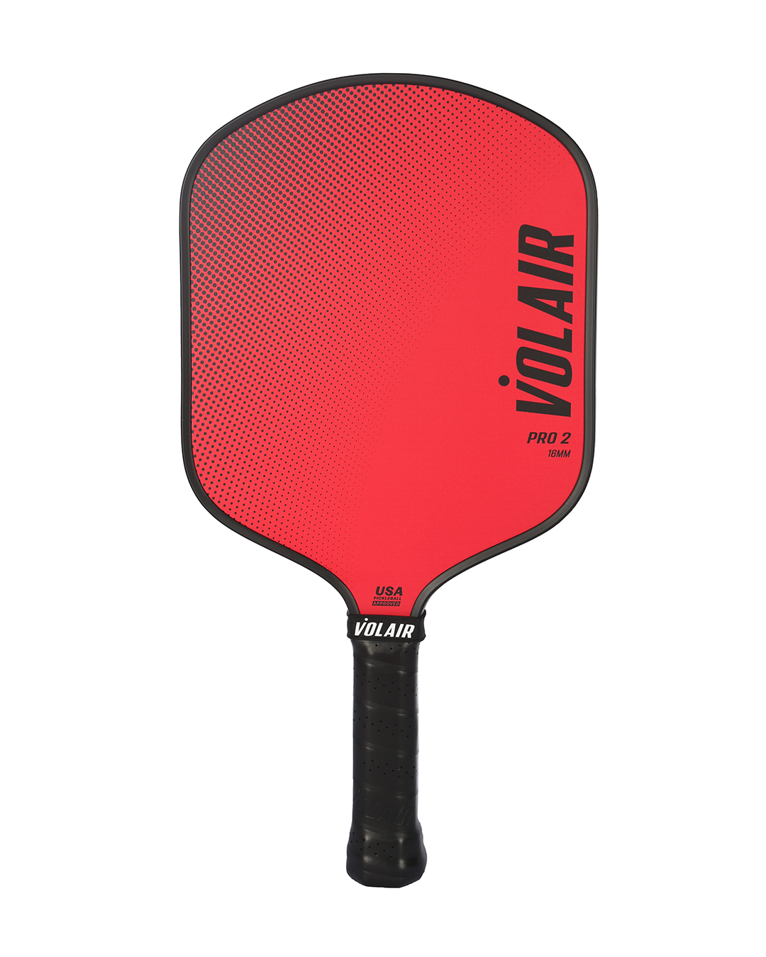 The Volair Pickleball Pro 2 Pickleball Paddle is a bright red widebody paddle with black edges, a textured black handle, and large vertical VOLAIR branding plus PRO 2 and USA printed on the face.