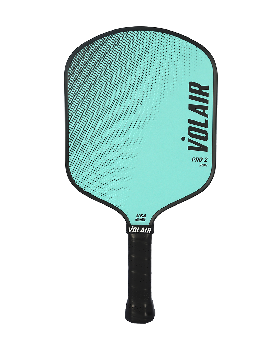 A turquoise Volair Pickleball Pro 2 paddle with a black edge, black handle, bold black branding, and a textured gradient top fading to solid bottom. This USAP-approved widebody paddle combines style and performance.