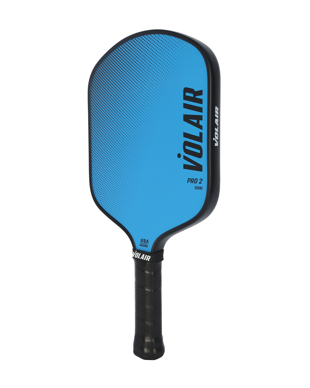 The Volair Pickleball Pro 2 Pickleball Paddle features a blue and black widebody design, bold vertical VOLAIR branding, PRO 2 16MM text, a black grip, and is USAP-approved for control with its rounded top and straight edges.