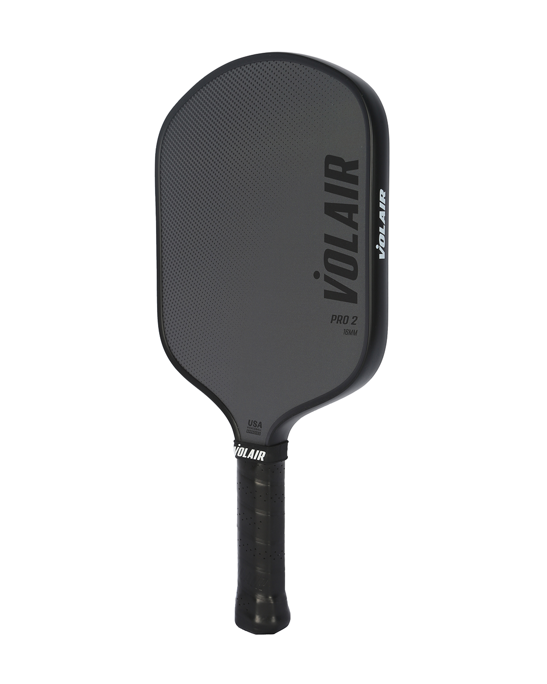 The Volair Pickleball Pro 2 widebody paddle features a black textured face, rounded edges, and a black wrapped handle. VOLAIR is printed vertically with PRO 2 and 16MM near the lower right of this USAP-approved paddle.