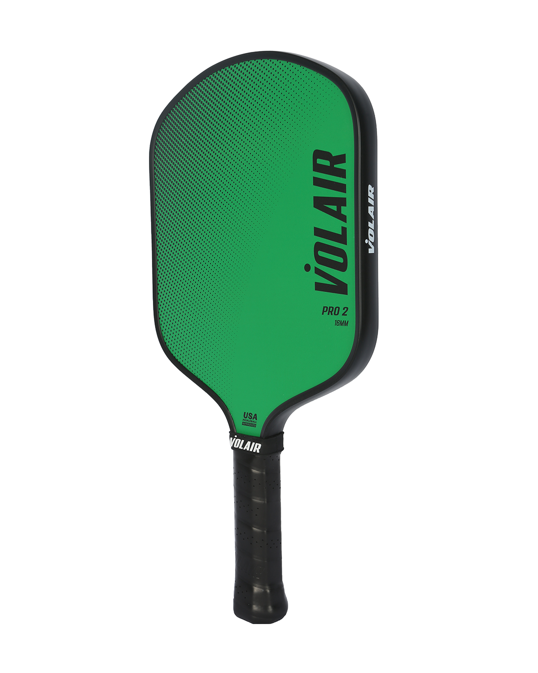 The Volair Pickleball Pro 2 widebody paddle features a green face with bold black VOLAIR, PRO 2, and 16MM text. USAP-approved, it has a black edge and handle wrapped in black grip tape.