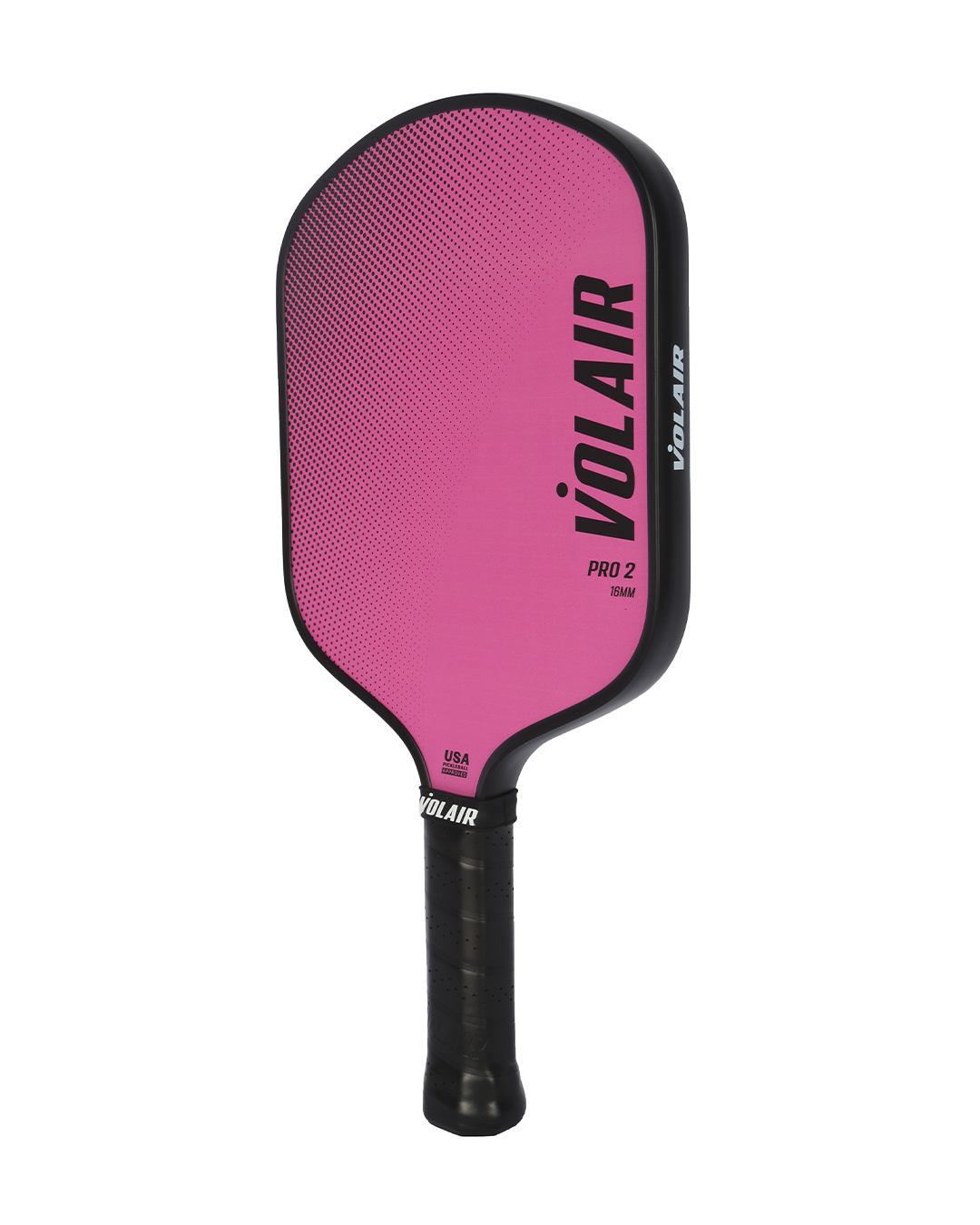 The Pro 2 Pickleball Paddle by Volair Pickleball is a modern, widebody pink fiberglass paddle with a black grip and edge, bold VOLAIR branding, a USAP-approved seal, and “PRO 2” for players seeking both style and top performance.