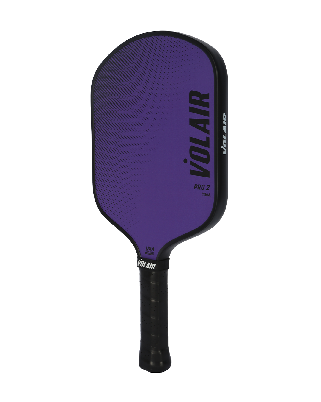 A purple Volair Pickleball Pro 2 16mm USAP-approved paddle features a wide textured face, black edge, black wrapped handle, vertical brand logo on the face and side, and a small USA flag at the base.