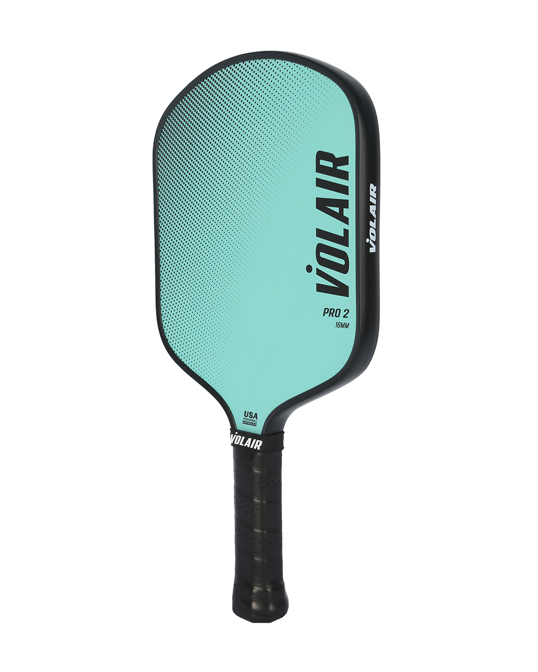 A teal and black Volair Pickleball Pro 2 Paddle with a widebody shape, black grip, textured face, vertical Volair logo, and USAP-approved marking near the rounded edge.