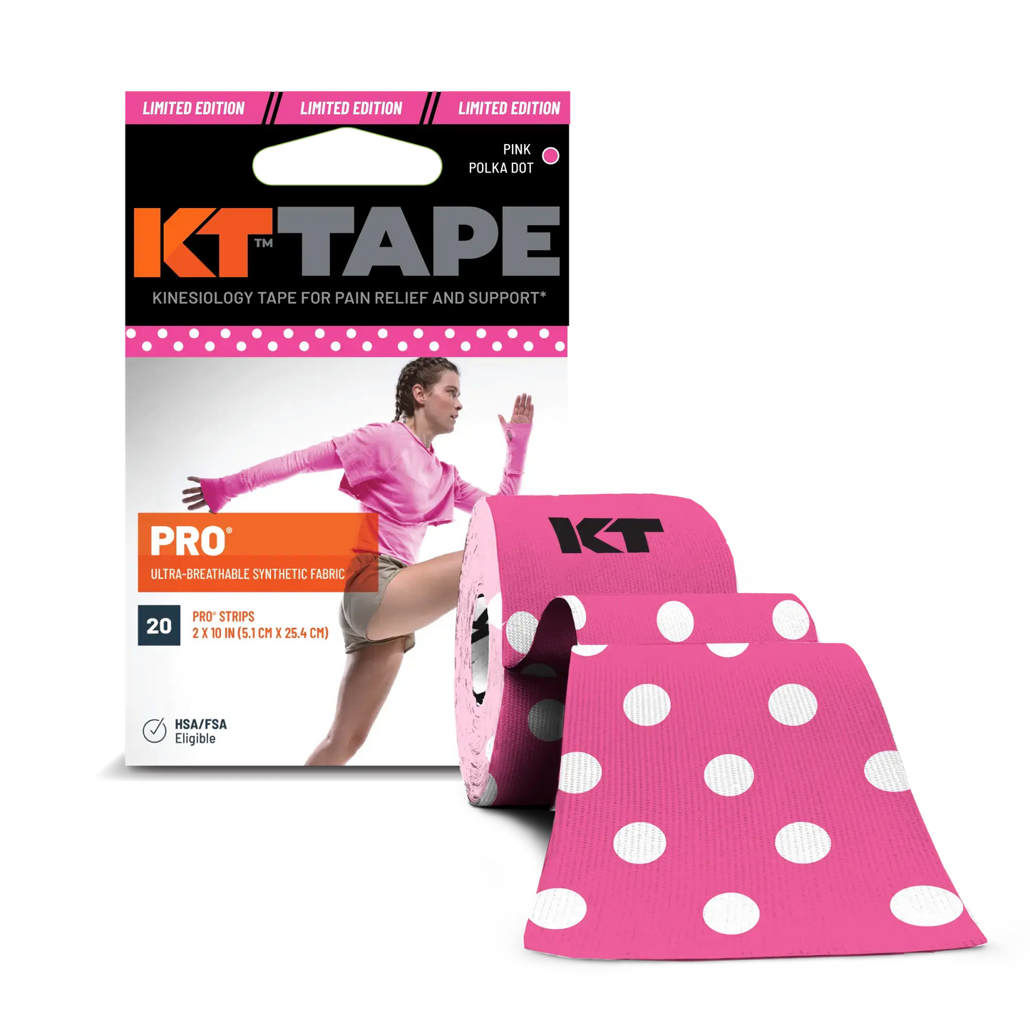 A box of KT Tape Pro® by KT Tape with a pink and white polka dot design is shown. In front, an unrolled strip reveals the pattern. The package says 20 PRO strips and shows a female athlete using the tape for pain relief.