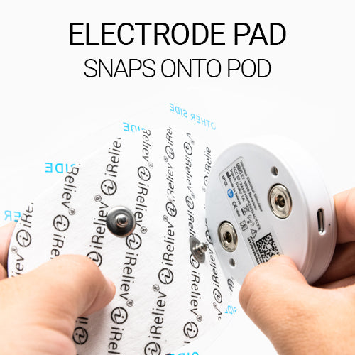 A close-up shows hands attaching an iReliev Wireless Large Single Pads Refill Kit with multi-layer adhesive to a round pod. The text above reads, "ELECTRODE PAD SNAPS ONTO POD," as the pad’s metal snap aligns with the connectors.