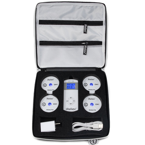 An open iReliev Hard Protective Carry Case for Wireless TENS EMS displays four white wireless pods, a remote with blue-lit screen, wall charger, USB cable, and lid mesh pockets organized inside the black case.