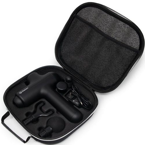 The iReliev Percussion Massage Gun set includes a black massager, three attachments, USB charging cable, and comes in a zippered case with foam inserts and a mesh pocket for storage. Designed to help increase blood flow.