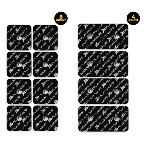 The iReliev SPORT Large & Small Refill Kit shows eight small black pads (8 count) in two columns and four larger snap-style pads (4 count) in one column, all repeatedly displaying "MAKINMARX" in white text.