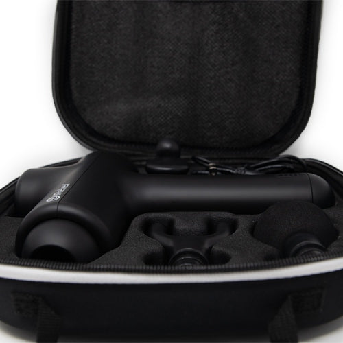 The iReliev Percussion Massage Gun, in black, comes with two interchangeable heads and is neatly stored in a fitted black carrying case with a foam insert that secures the device and accessories—ideal for targeting muscles and boosting blood flow.