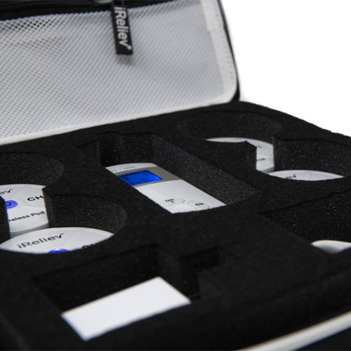 A close-up of the iReliev Hard Protective Carry Case for Wireless TENS EMS shows custom foam inserts securing the device and accessories, with a mesh pocket for small items and visible iReliev branding on the device and zipper tag.