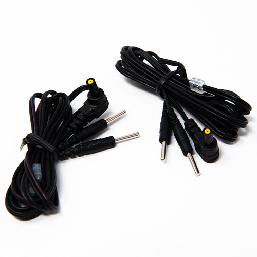 Two sets of iReliev Extra Long TENS Lead Wires, each with three yellow-tipped, right-angle connectors and silver pins, are coiled neatly on a white surface and secured by small plastic ties.