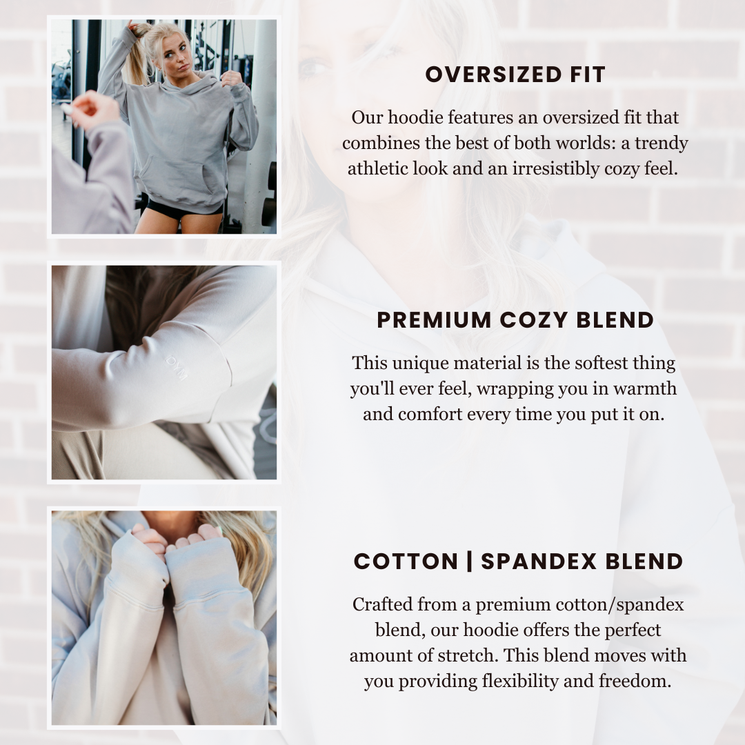 A promotional graphic for the Cozy Up Boyfriend Hoodie | SALE by DYM Athletics. Left: three photos—a woman wearing a loose light gray hoodie, a sleeve close-up, and hands pulling sleeves over fingers. Right: text notes cozy cotton/spandex fabric.