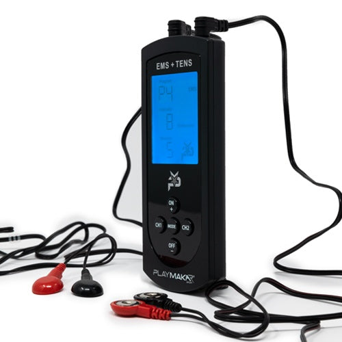 The iReliev SPORT Muscle Stimulator with Explosive Strength Mode features a blue-lit screen, wires to red and black electrodes, four round buttons, a power button, and a mode button on the front for customizable muscle stimulation.