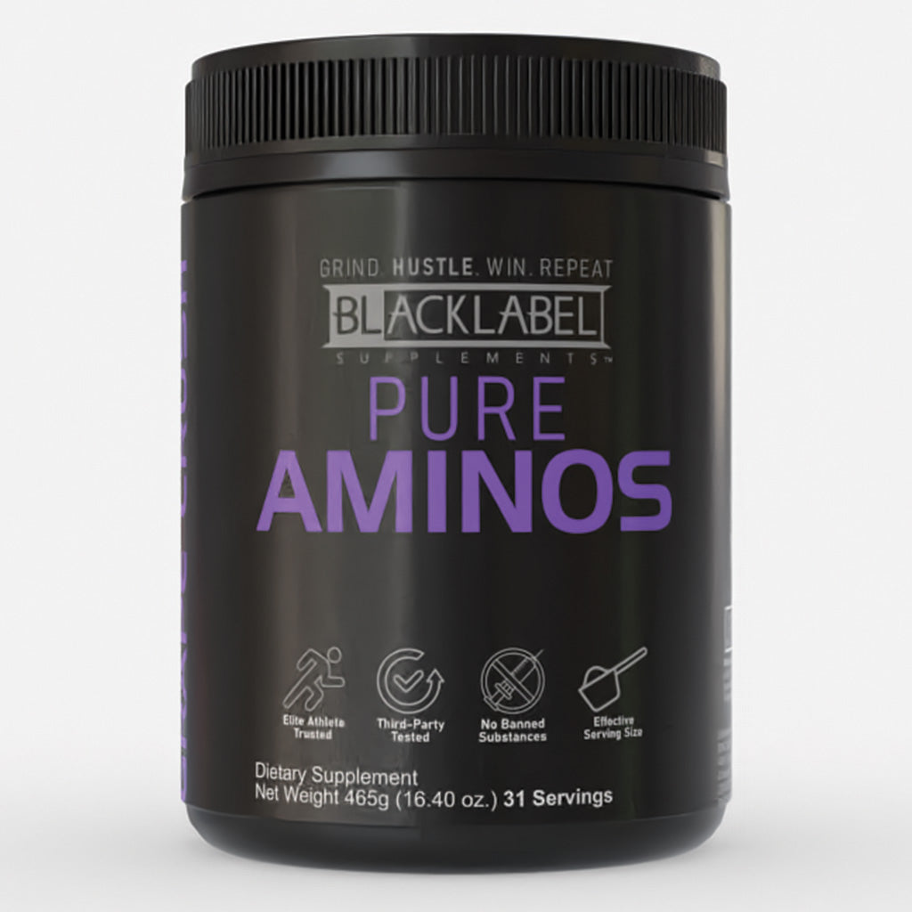 A black container of BLACKLABEL Supplements PURE AMINOS features bold white and purple text, icons for muscle recovery, athlete testing, no banned substances, effective serving size, 465g (16.4 oz) net weight, and 31 servings.