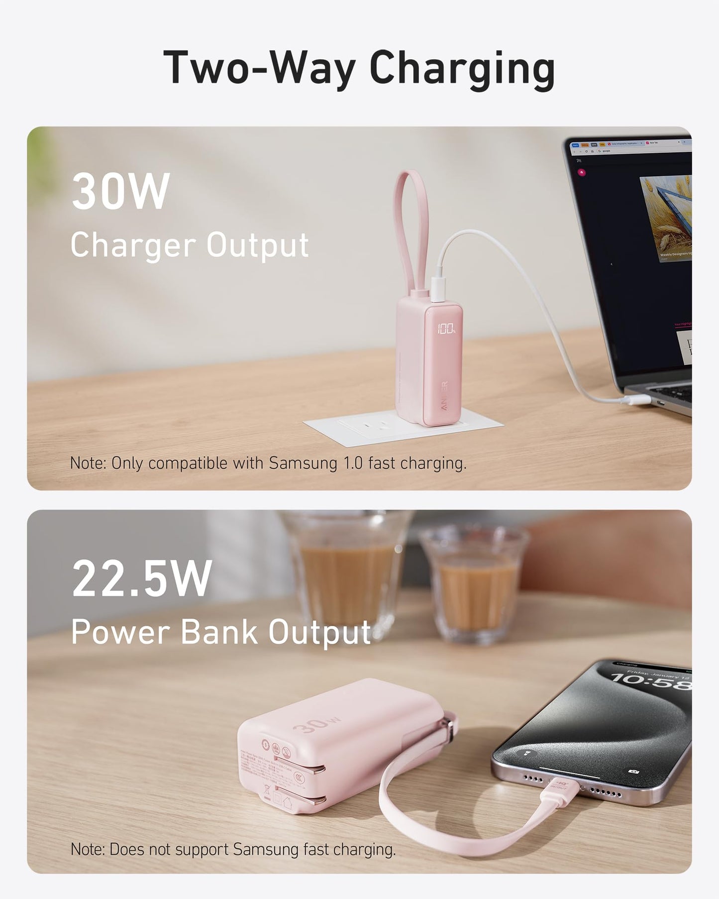 Two images feature the Anker Power Bank (30W, 5k, Fusion, Built-In USB-C Cable): the top shows it charging a laptop at 30W via USB-C, while the bottom charges a smartphone at 22.5W—both illustrating broad device compatibility.