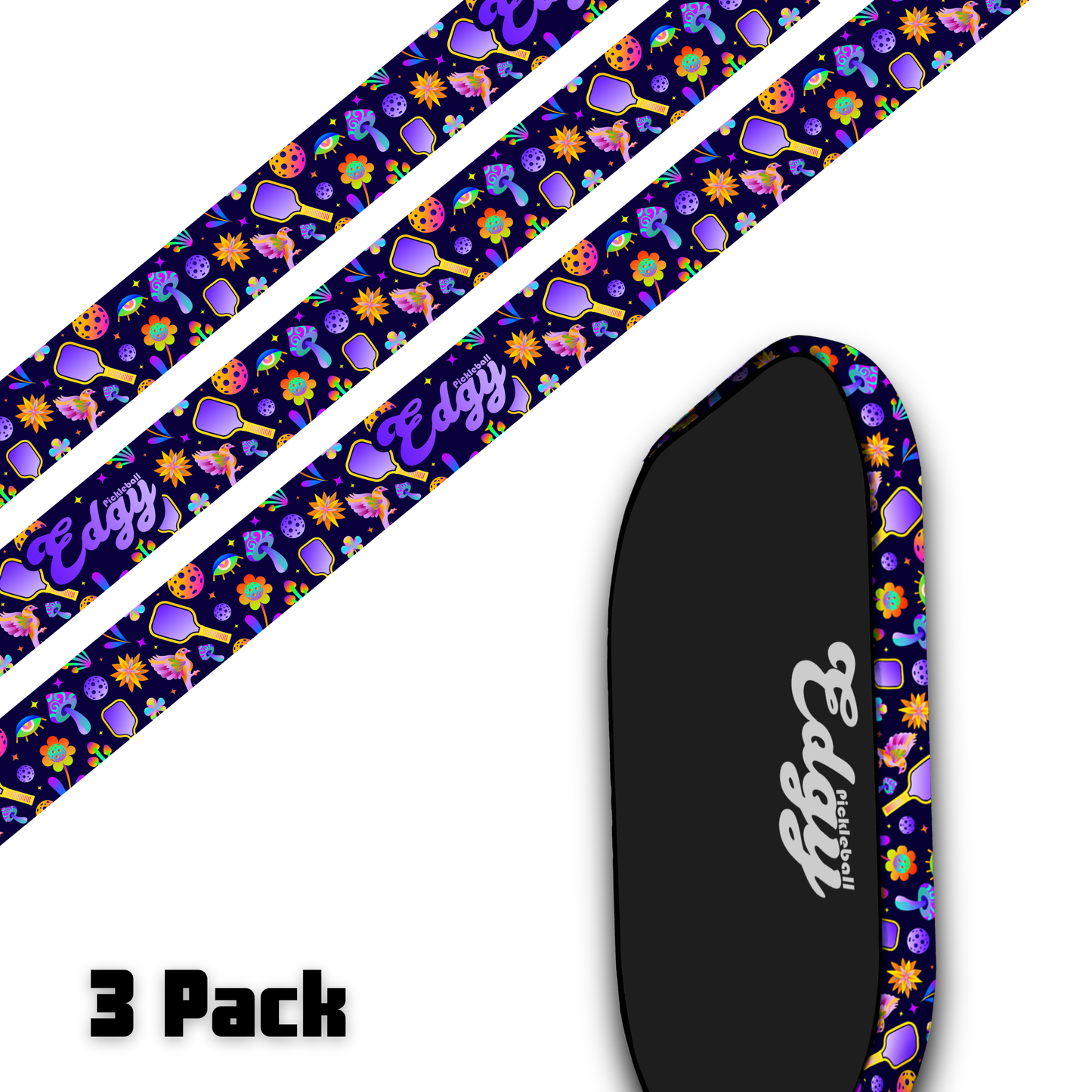 A product image of three black and purple Edgy Pickleball "Psychedelic Edge Tape" packs, each with a psychedelic design of flowers, lightning bolts, skulls, and hearts. "Really Edgy" is in white script; "3 Pack" in bold black text.