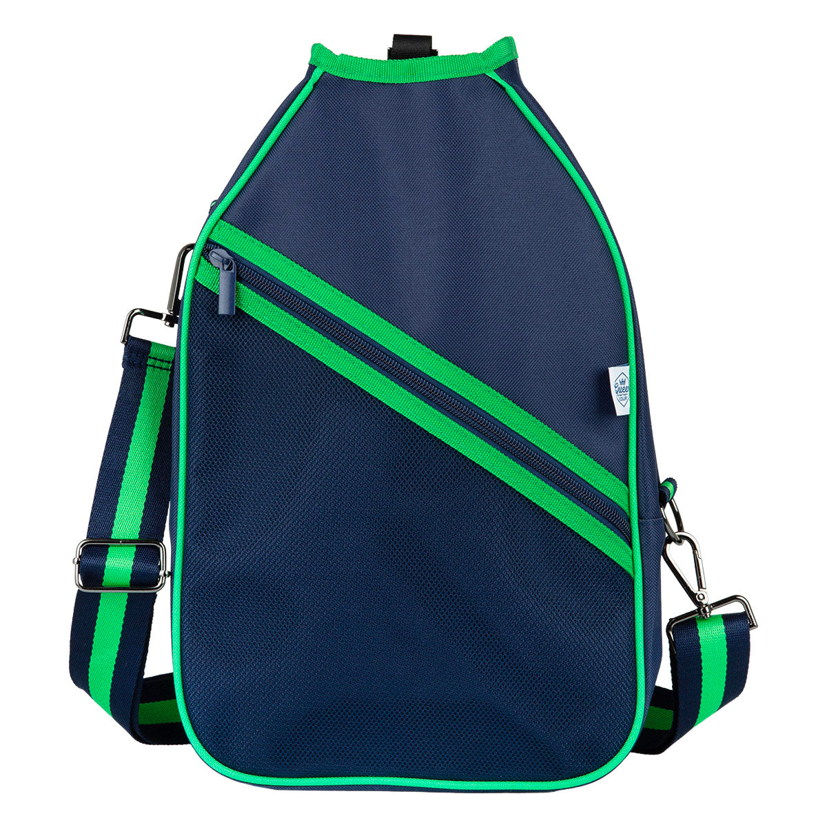 The Queen of the Court Essentials Pickleball Bag in navy with bright green trim and a diagonal stripe features a zippered pocket, an adjustable strap with matching stripes and silver hardware, and a side tag. Shown lying flat on white.