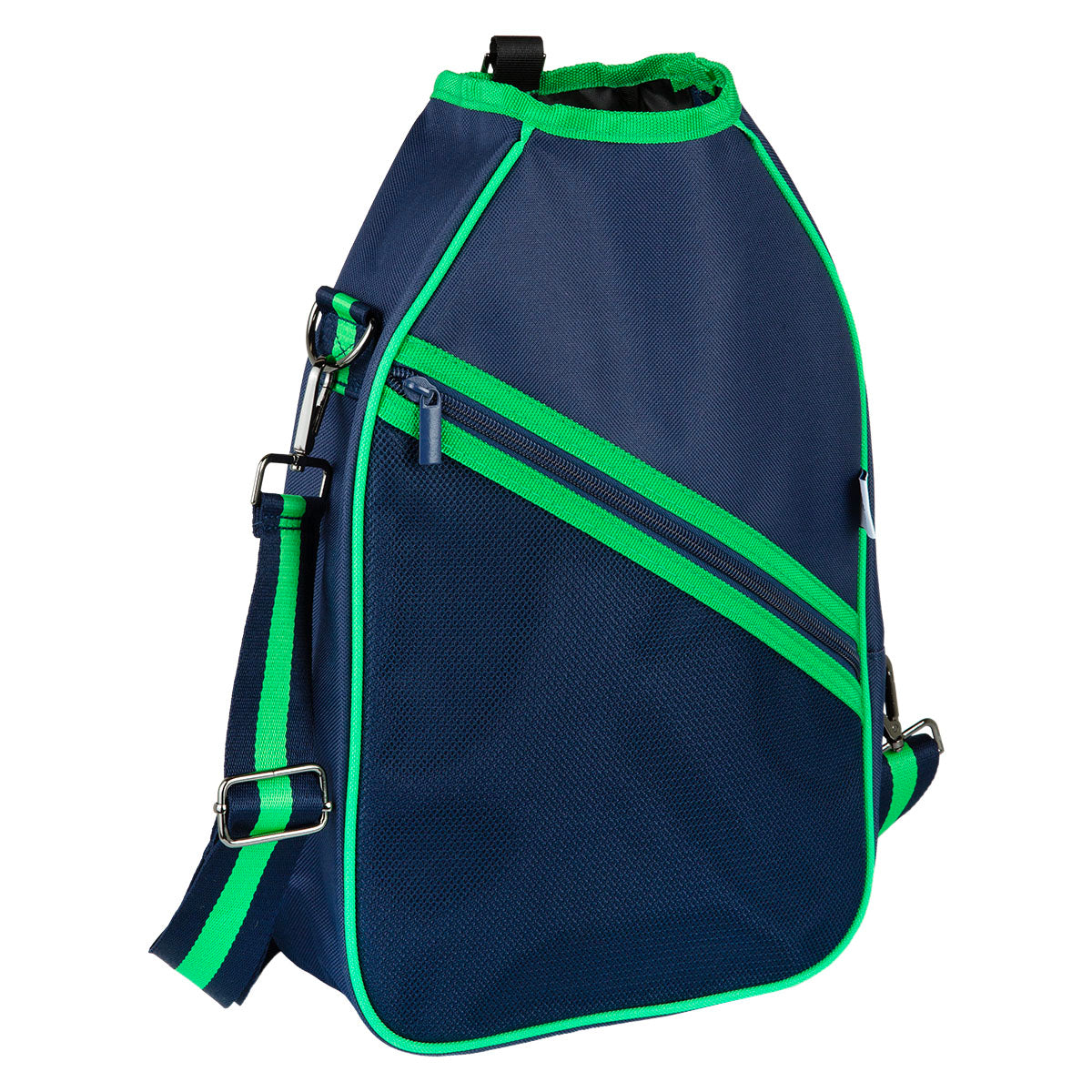 The Queen of the Court Essentials Pickleball Bag is a stylish blue and green crossbody, perfect for carrying all your essential pickleball gear.