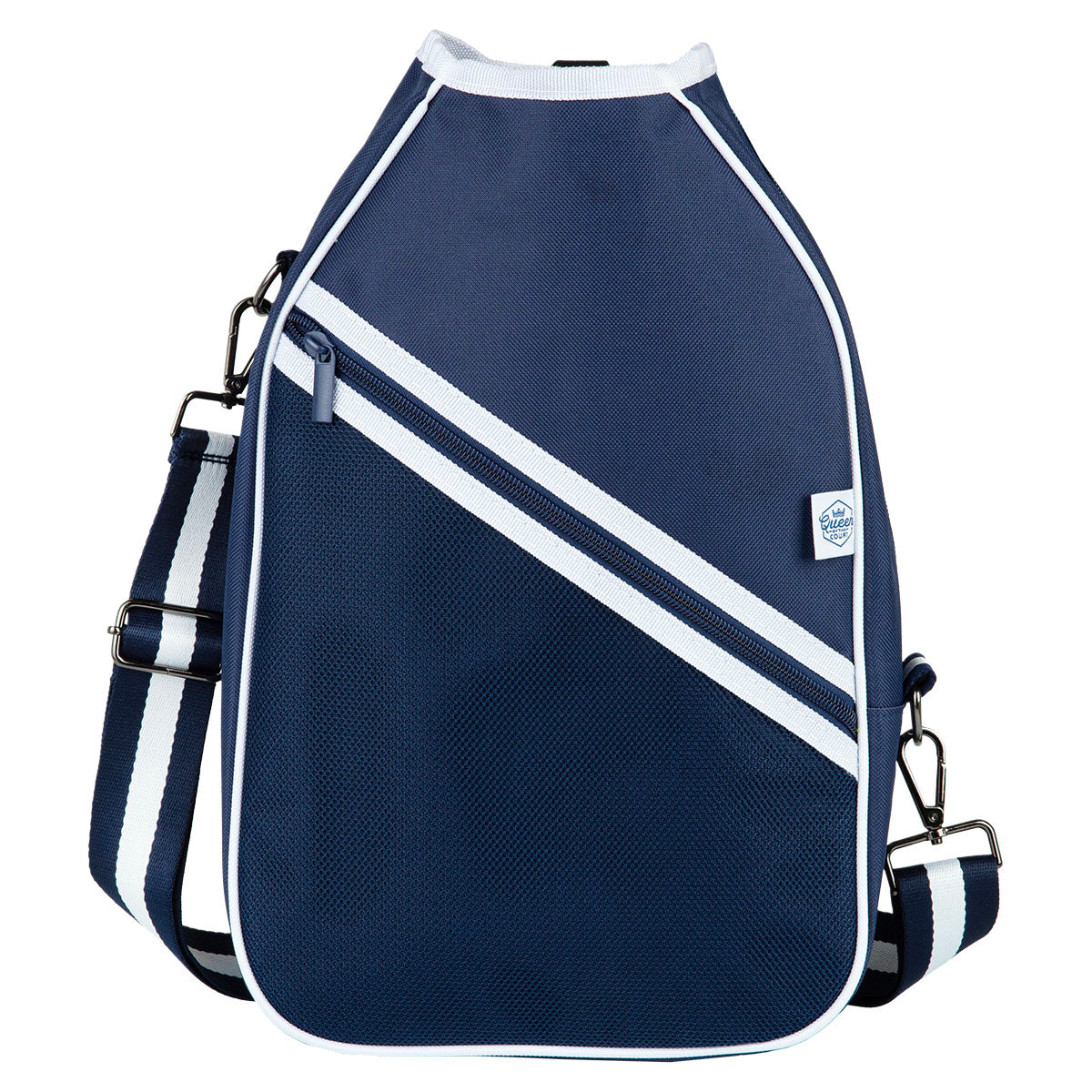 The Queen of the Court Essentials Pickleball Bag is a navy crossbody with a diagonal white stripe, front zipper pocket, detachable navy and white striped shoulder strap, and a blue and white logo patch on the side. White background.