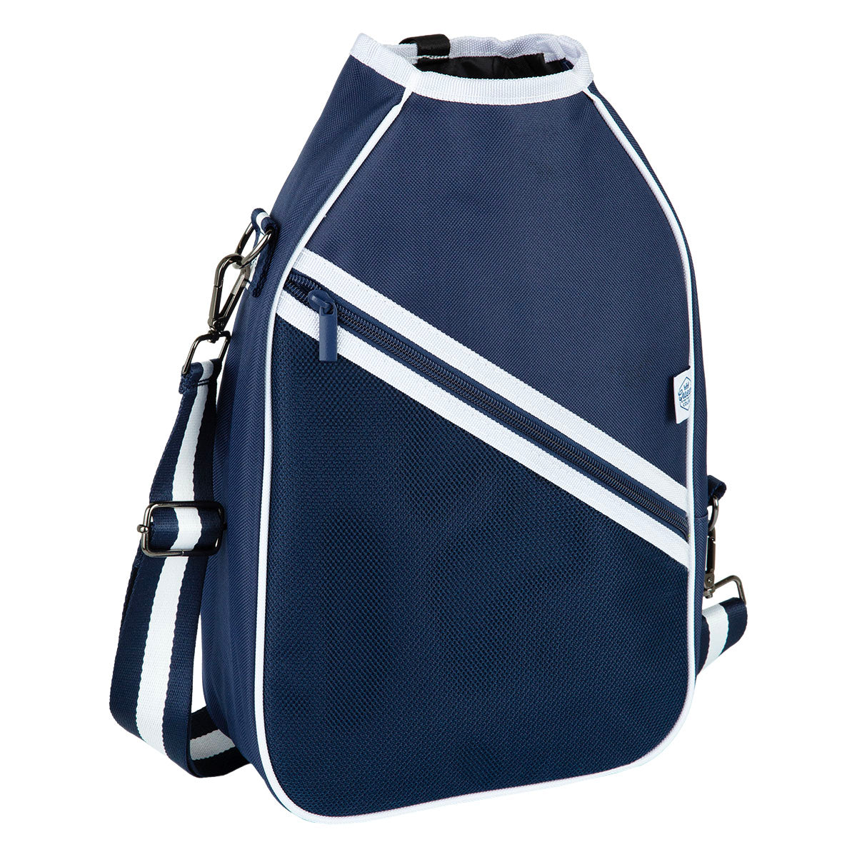 The Queen of the Court Essentials Pickleball Bag is a navy blue insulated crossbody with white trim, a side zipper pocket, diagonal white stripe detail, and an adjustable striped strap—perfect for stylishly carrying your pickleball gear.