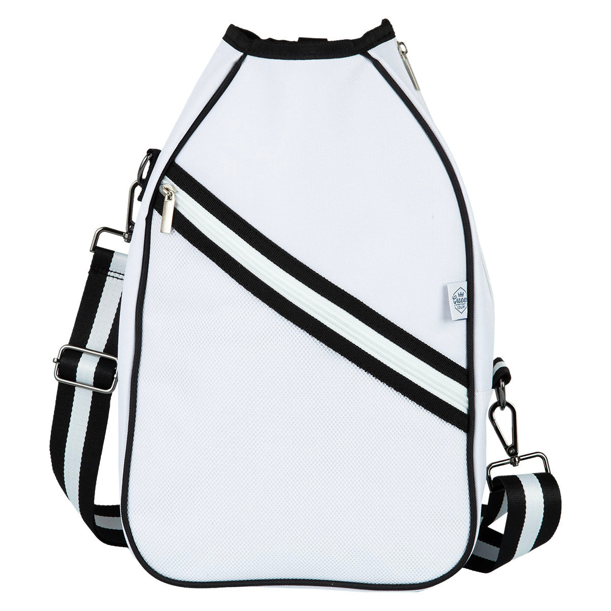 The Queen of the Court Essentials Pickleball Bag features a white crossbody design with black edging, a diagonal striped zipper pocket, detachable striped strap, textured material for style, and a side logo tag.