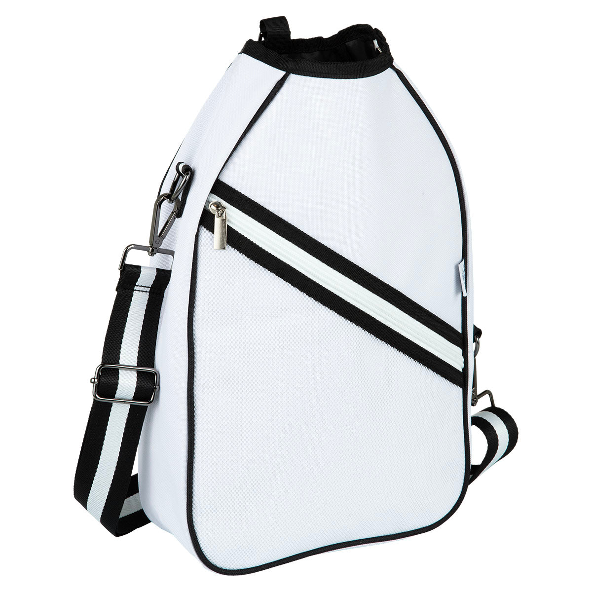 The Queen of the Court Essentials Pickleball Bag is a modern white crossbody with black piping, a black and white adjustable strap, front diagonal zip pocket with black stripe, silver hardware, and a sporty design for your gear.