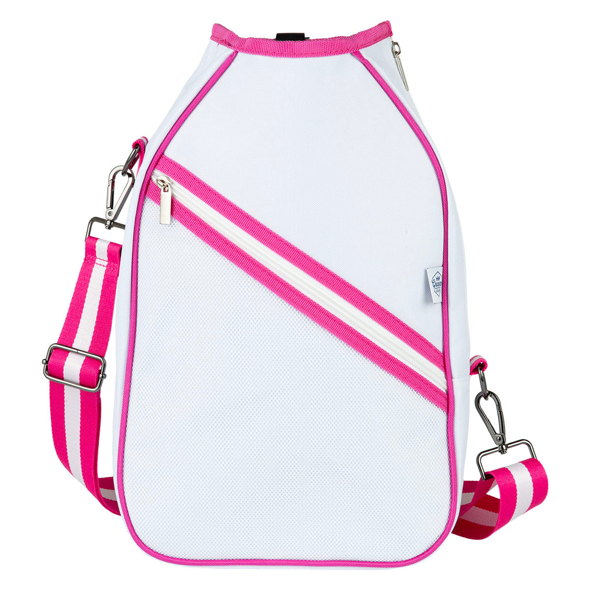 The Queen of the Court Essentials Pickleball Bag is a stylish white crossbody with hot pink trim and a diagonal pink-and-white stripe. It features a zippered front pocket, fabric tag, and adjustable striped shoulder strap for your pickleball essentials.