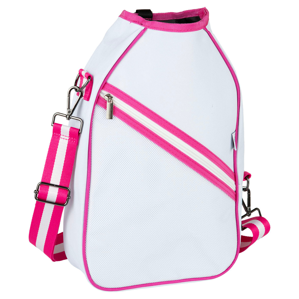 The Essentials Pickleball Bag by Queen of the Court is a white crossbody with bright pink accents, a pink-and-white striped adjustable strap, pink zipper trim and piping, a diagonal front zip pocket, and a smooth, structured design for gear.