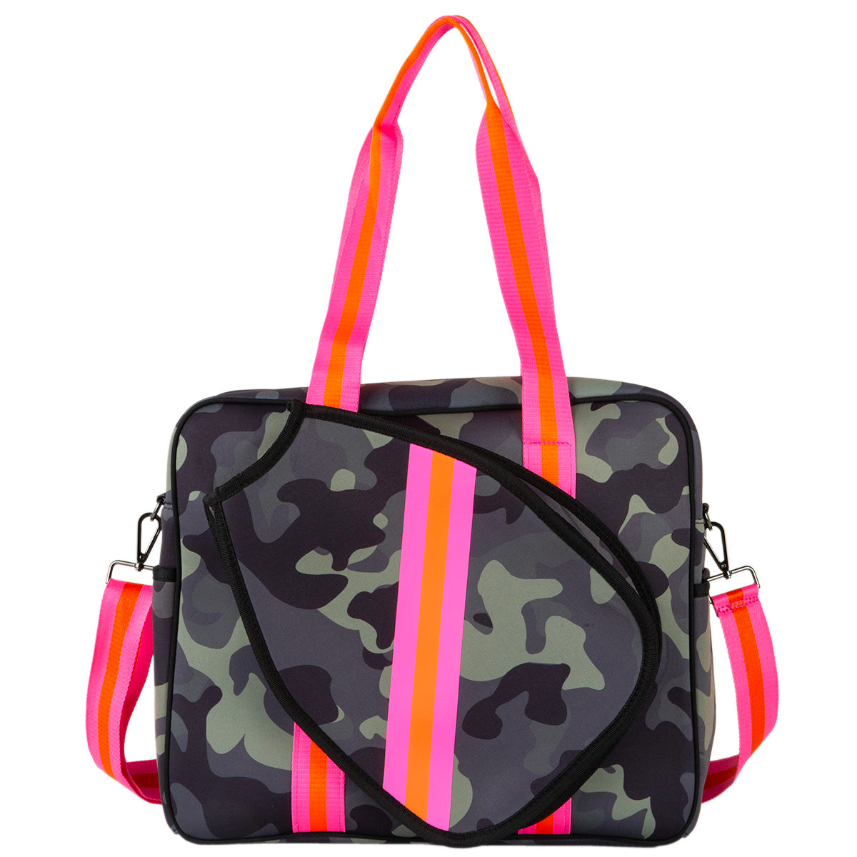 The Queen of the Court Brooklyn Pickleball Bag features green, gray, and black camo with neon pink and orange striped handles, a matching crossbody strap, and a round zip pouch—all crafted from sturdy neoprene.