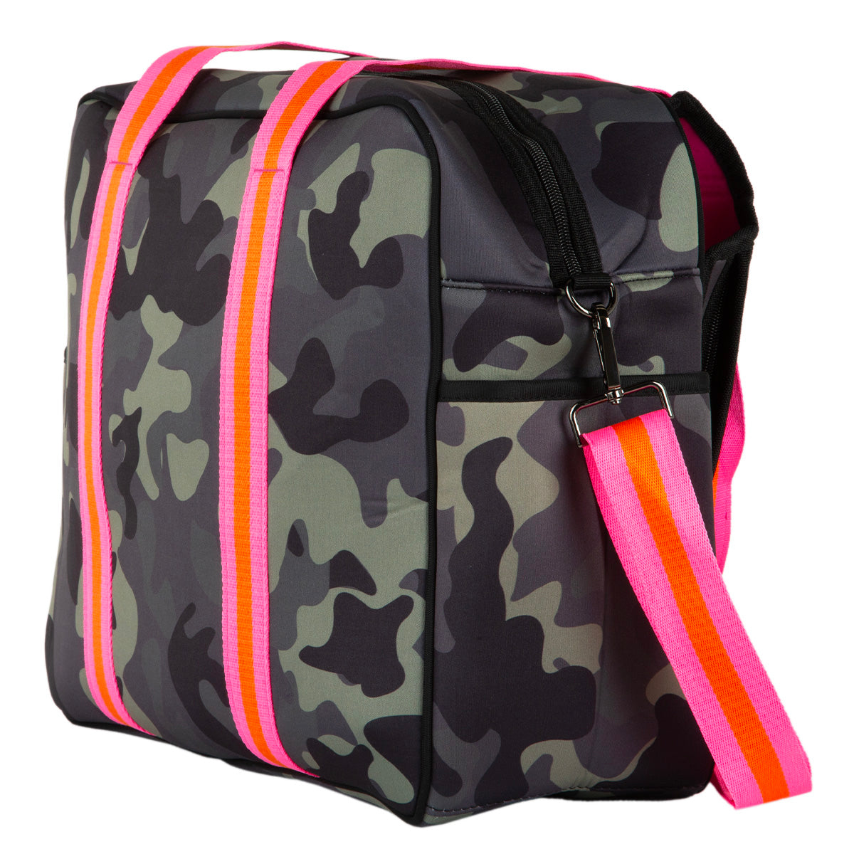 The Brooklyn Pickleball Bag by Queen of the Court is a square neoprene bag with a green and black camo pattern, bright pink and orange striped handles, matching adjustable shoulder strap, black top zipper, and a small side pocket.