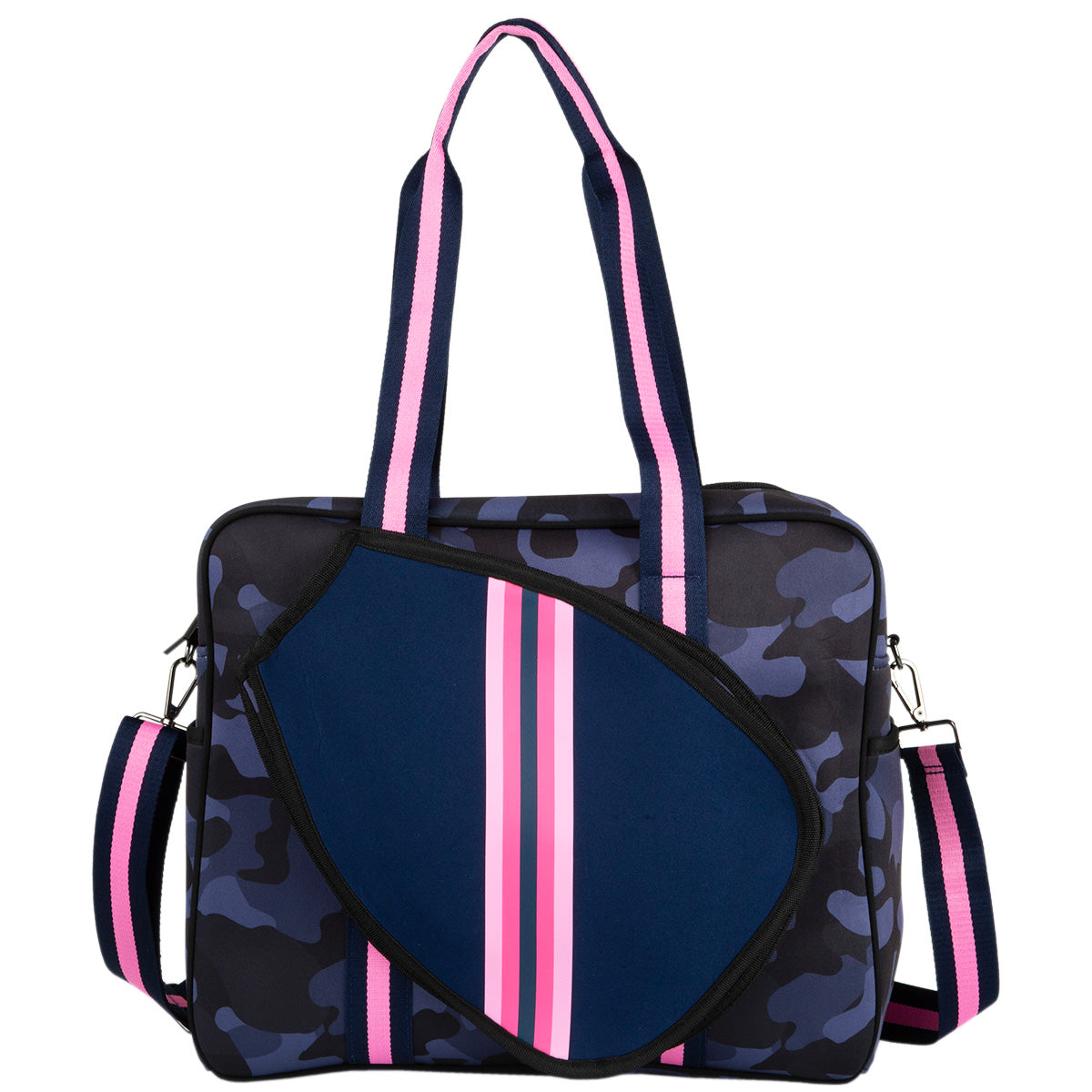 The Queen of the Court Brooklyn Pickleball Bag features navy blue and black camo neoprene, pink and navy dual handles, a matching shoulder strap, a curved front pocket with pink stripes, and a zippered main compartment.