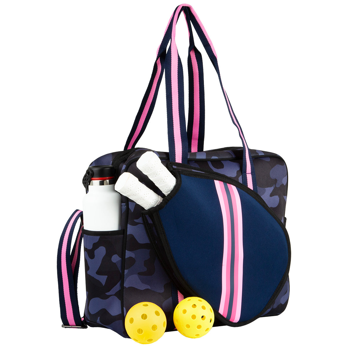 The Queen of the Court Brooklyn Pickleball Bag is a blue camo neoprene bag with pink and navy striped handles, featuring a navy paddle with pink stripes, two yellow pickleballs, grip tapes, and a water bottle in the side pocket.