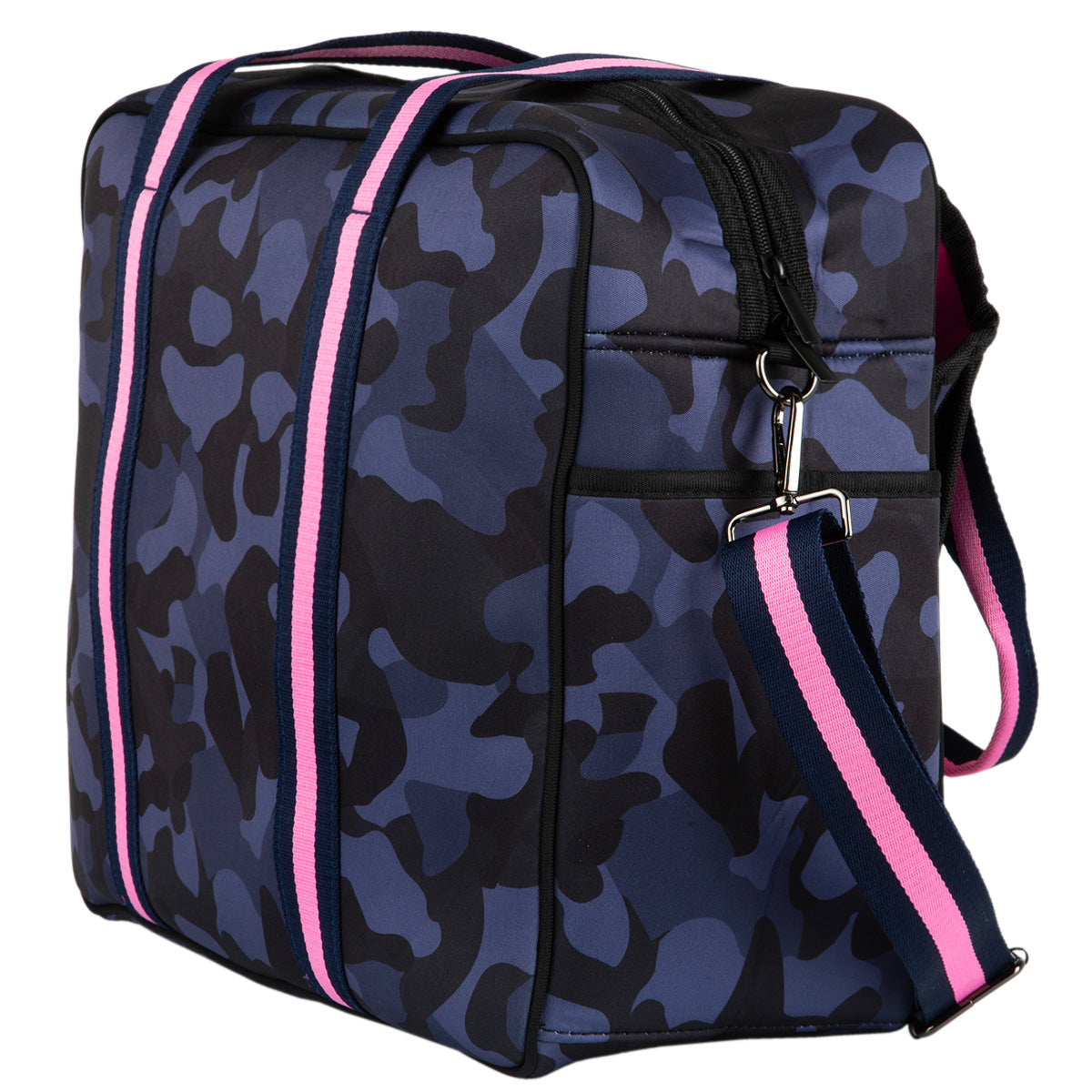 The Queen of the Court Brooklyn Pickleball Bag features a square shape, blue and black camo print, wide navy straps with pink stripes, large front pockets, silver hardware, and a detachable shoulder strap.